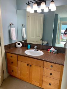 a bathroom with a sink and a mirror at Ocean View Townhome - Sooke Harbour Marina in Sooke