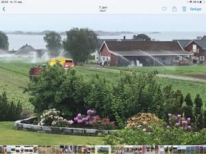 un tren en un campo con una casa y flores en Ny gårdsleilighet i Nevlunghavn, en Larvik