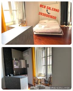 twee foto's van een kamer met een bed in een kamer bij Una Rosa Blu in Salerno