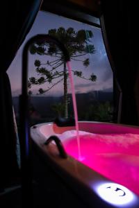 bañera de color rosa caliente con líquido rosado en Infinity Valley Cabanas en Urubici