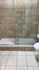 a shower with a glass door in a bathroom at London City Apartment in London