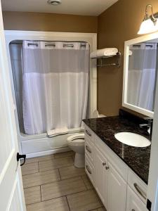 a bathroom with a toilet and a shower and a sink at Home Away From Home in Stanley Bridge