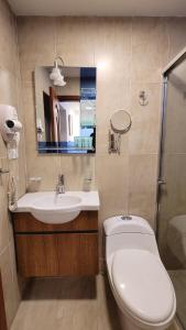 y baño con aseo, lavabo y espejo. en Hotel Colonial - Casa Francisco en Quito