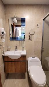 a bathroom with a toilet and a sink and a mirror at Hotel Colonial - Casa Francisco in Quito +23 photos