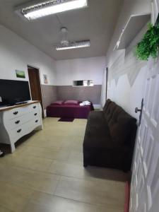 a living room with a couch and a tv at Mini Casa independente no bairro Praia das Gaivotas in Vila Velha