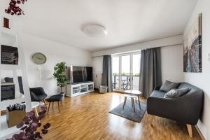 een woonkamer met een bank en een televisie bij Cooldis 8 !Gratis Parken, Free Parking! in Kreuzlingen