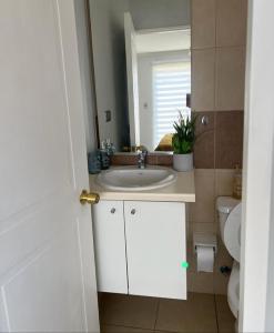ein Badezimmer mit einem Waschbecken, einem Spiegel und einem WC in der Unterkunft Casa amoblada en sector residencial in Vallenar