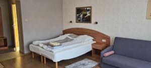- une petite chambre avec un lit et un canapé dans l'établissement Willa IKA, à Władysławowo