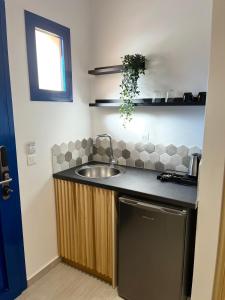 uma cozinha com um lavatório e uma bancada em Akroyiali Resort em Vasiliki