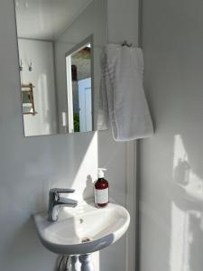 y baño con lavabo y espejo. en Green Glamping en Sønderborg