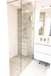 een douche met een glazen deur in de badkamer bij Chill Apartments Jurajska Plaza Kielce Targi in Kielce