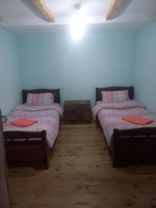 AdishiにあるSesili Guesthouseのベッド2台が隣同士に設置された部屋です。