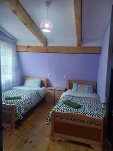 AdishiにあるSesili Guesthouseの紫の壁とウッドフロアの客室で、ベッド2台が備わります。
