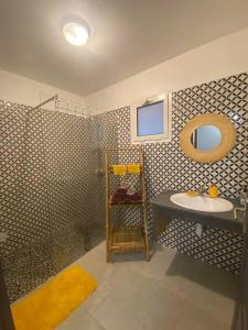 a bathroom with a sink and a mirror at Les Caze de la Mer Cassée in Saint-Philippe