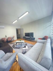 Smf Suites 2+1 5 Luxery Flat Good Location في إسطنبول: غرفة معيشة مع كنبتين وتلفزيون