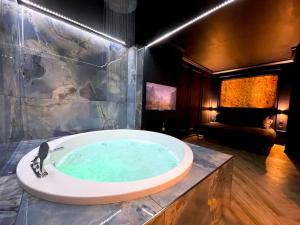 a bathroom with a large bath tub in a room at myinsolite-l'onyx in Vauvert +7 photos