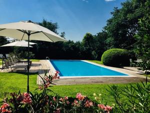 a swimming pool with an umbrella and some flowers at Castello di Cernusco Lombardone in Cernusco Lombardone