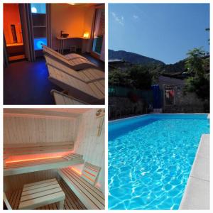 a collage of three pictures of a swimming pool at Albergo Neni in Brentonico