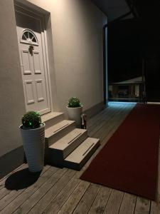 a porch with two potted plants and a white door at L&G ROOMS in Ljubljana