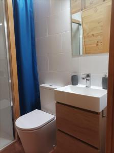 a bathroom with a toilet and a sink and a mirror at Habitación Da Moura in Maus de Salas