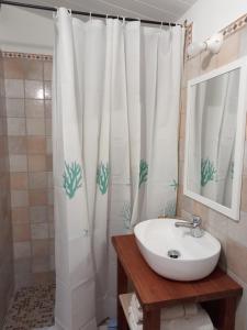 bagno con lavandino e tenda doccia di Domus Antiga Appartamenti a San Giovanni Suèrgiu