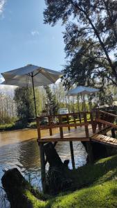 老虎城的住宿－La Dolce Vita，水中带雨伞的木制野餐桌
