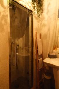 a shower with a glass door in a bathroom at Dimora di Paola in Martina Franca