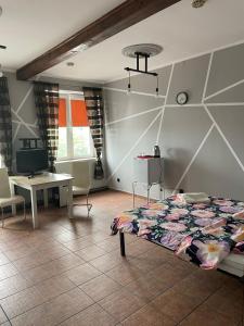 1 dormitorio con cama, mesa y escritorio en Pokoje Gościnne Relaks en Gdynia