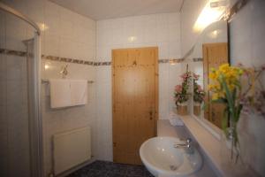 un bagno con lavandino, water e specchio di Landhaus Tuxerschafer a Tux