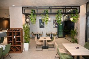 都拉斯的住宿－Hotel Vino，一间设有桌椅的餐厅,种植了植物