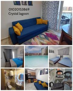 un collage de fotos de un sofá azul en una habitación en Two Bedrooms for Families only Chalet Sia Lagoon Golf Porto Marina للعائلات فقط شاليه غرفتين كريستال لاجون جولف بورتو مارينا en El Alamein