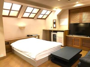 a bedroom with a large bed and a flat screen tv at Hotel Ai - Adult only in Azumino