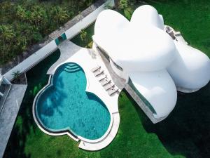 タバナンにあるThe Cloud Beachfront Villa Tabananの芝生の上にギターをかけたプールの空中ビュー
