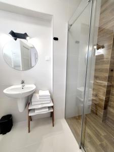 a bathroom with a sink and a shower at La Șura in Şura Mică