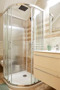 y baño con ducha y puerta de cristal. en Magic apartment, en Mezőkövesd