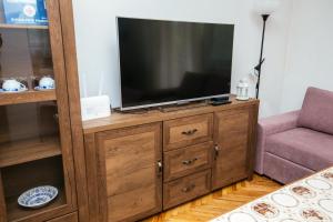 a living room with a television on a wooden entertainment center at Weeksa Vacation Home in Duga Resa