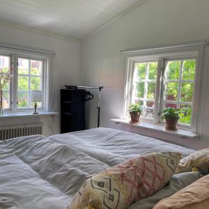 a bedroom with a large bed with two windows at Charmigt boende med perfekt läge i Gamla Stan in Falkenberg