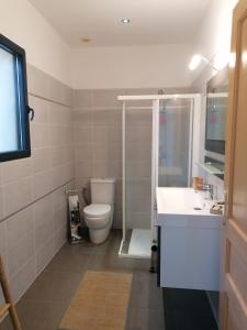 ポルティシオにあるCHAMBRE EVASION VUE EXCEPTIONNELLE PORTICCIOのバスルーム(トイレ、洗面台、シャワー付)