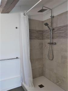 La salle de bains est pourvue d'une douche avec rideau de douche. dans l'établissement Ravissant studio à la ferme avec piscine, à Jau-Dignac-et-Loirac