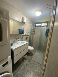 uma casa de banho com um lavatório e um WC em חצר ברמה em Sha'al