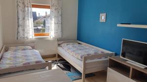 two beds in a room with blue walls and a tv at Gästezimmer Weinberg in Steinau an der Straße