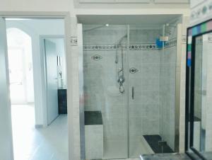 um chuveiro com uma porta de vidro na casa de banho em Casa Relax Diano Castello em Diano Castello