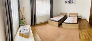 1 dormitorio con 2 camas y ventana en zentrale,vollausgestattete Ferienwohnung - 3 Zimmer, Petrovic, en Kapfenberg