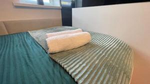 a green bed with two towels on top of it at #2 TGHA Luxury Studio Apartment in Athlone in Athlone