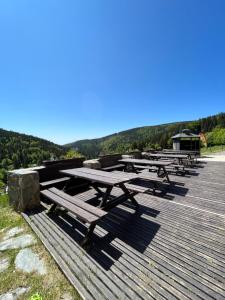 een rij picknicktafels op een houten terras bij Horský Hotel Idol in Horni Misecky