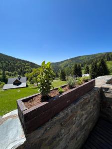 a garden on a retaining wall with a view at Horský Hotel Idol in Horni Misecky