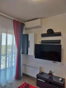 uma sala de estar com uma televisão de ecrã plano na parede em Garsoniera Carmina em Techirghiol