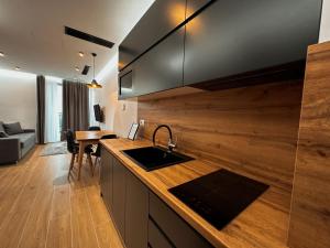 a kitchen with a sink and a counter top at Aral Sea View Apartments & Suites in Shëngjin
