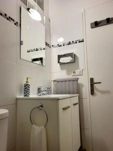 戛纳Cosy Studio à Cannes 8 min de la Croisette的一间白色浴室，配有洗手池和镜子。