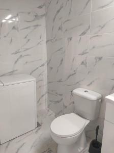 a bathroom with a white toilet and marble walls at Apartament Diaconu Coresi (Piata Sfatului) in Braşov
